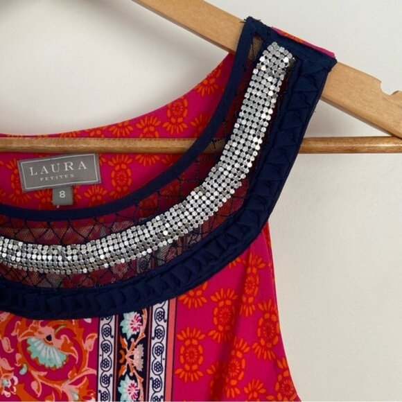 Laura petite dress beaded silver collar sleeveless pink red navy blue size 8 - Picture 7 of 7